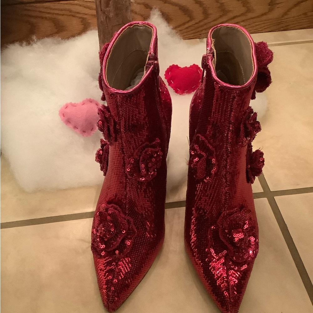Betsey Johnson Hot Pink Sequin Floral Heel Boots